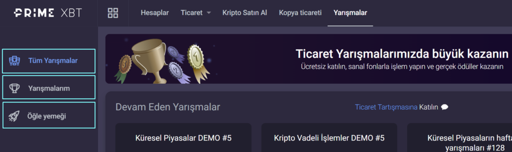 PrimeXBT yarışmalar web arayüzü.